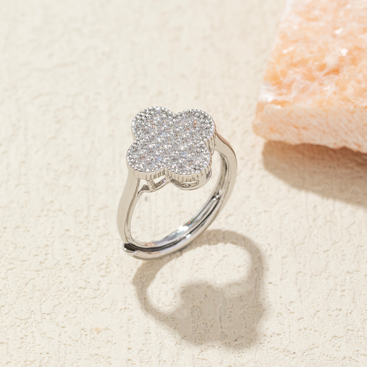 Designer Jewellery High Quality Silver Tone Clover Shaped Ring with Rhinestone Detail Delicate Daily Gift for Special Occasions Textured Stylish Acces - view 4