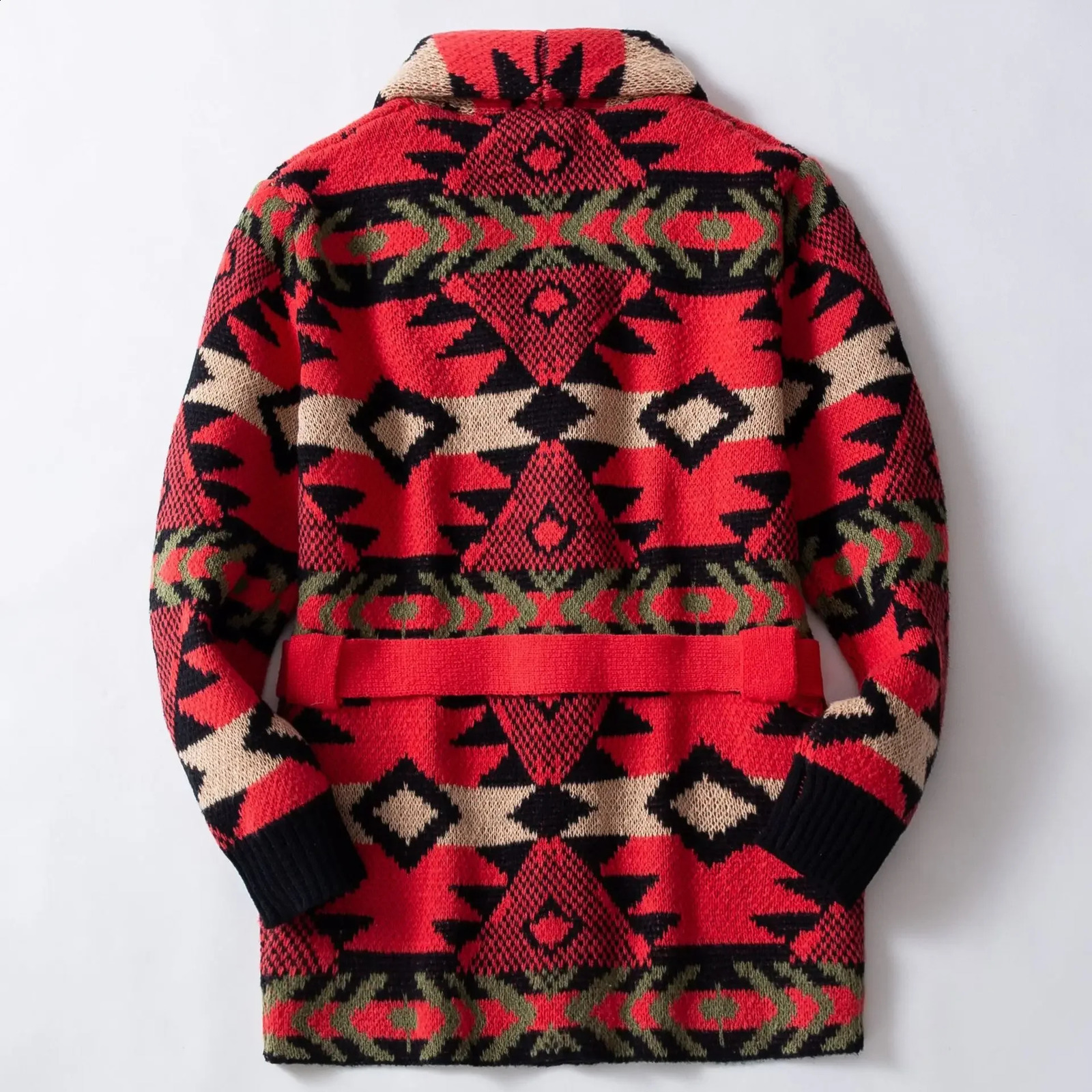 Men Coats Cardigan Sweaters Mid Length Coat Turn Down Collar Full Sleeve Print Casual Lace Up Belt Splice Autumn Winter 250915 - view 3