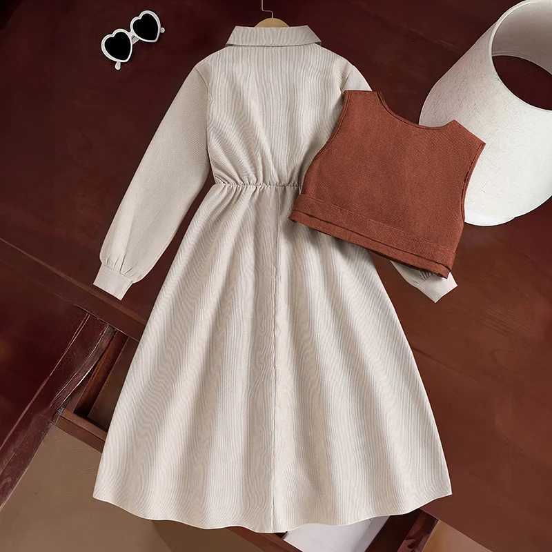New Autumn 2PCS Kids Clothing Brown Vest Beige Turn Down Collar Long Sleeve ALine Dress For Girls 812 Years Korean Style C250916