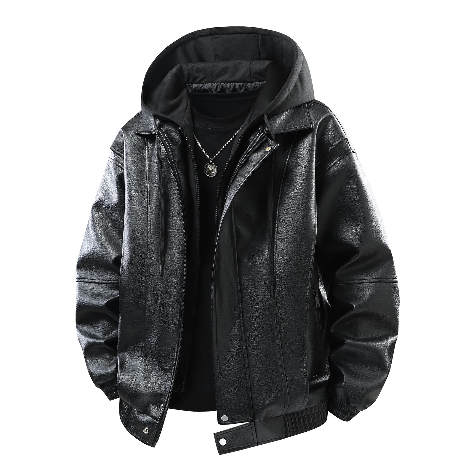 Autumn Mens PU Leather Jacket Casual Hooded Coat Outdoor Windproof Classic Solid Color Long Sleeve Top Men Clothes 250916