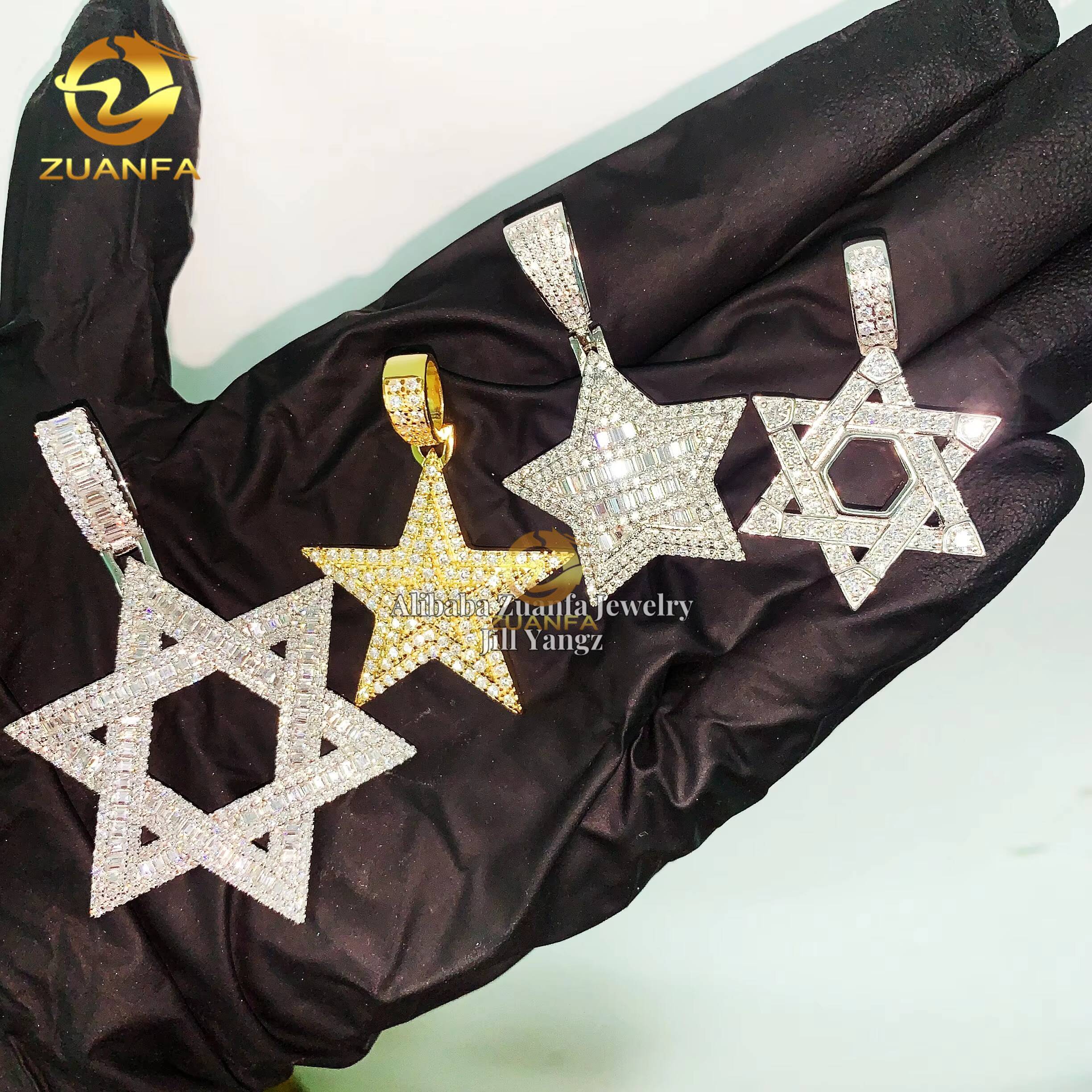 Star of David Pentagon Lucky Charm Golden Star Pendant Moissanite Pendants Baguette Iced Out Jewelry Custom Moissanite Pendant