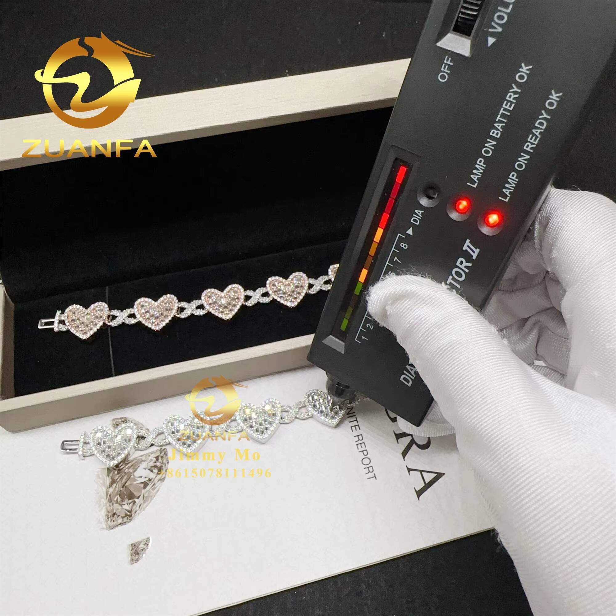 Drop Shipping Price 14mm Width 925 Silver Iced Out Hip Hop Jewelry VVS1 Moissanite Diamond Heart Shape Hip Hop Cuban Bracelet