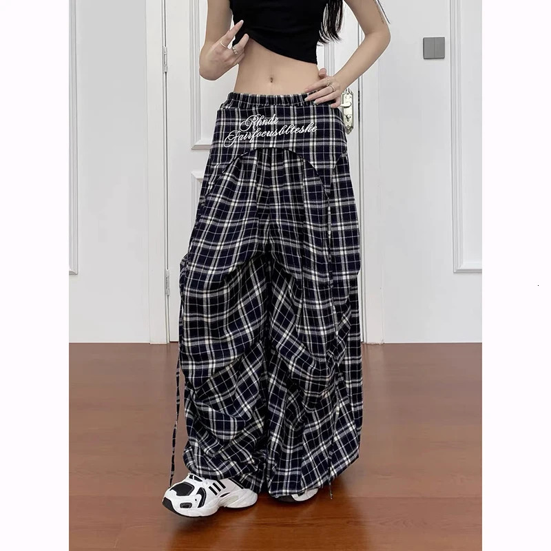 ZHIZOU Vintage Plaid Wide Leg Women Y2K Japanese Streetwear Casual Scimitar Pants Harajuku Loose Pockets Straight Trousers Z260314