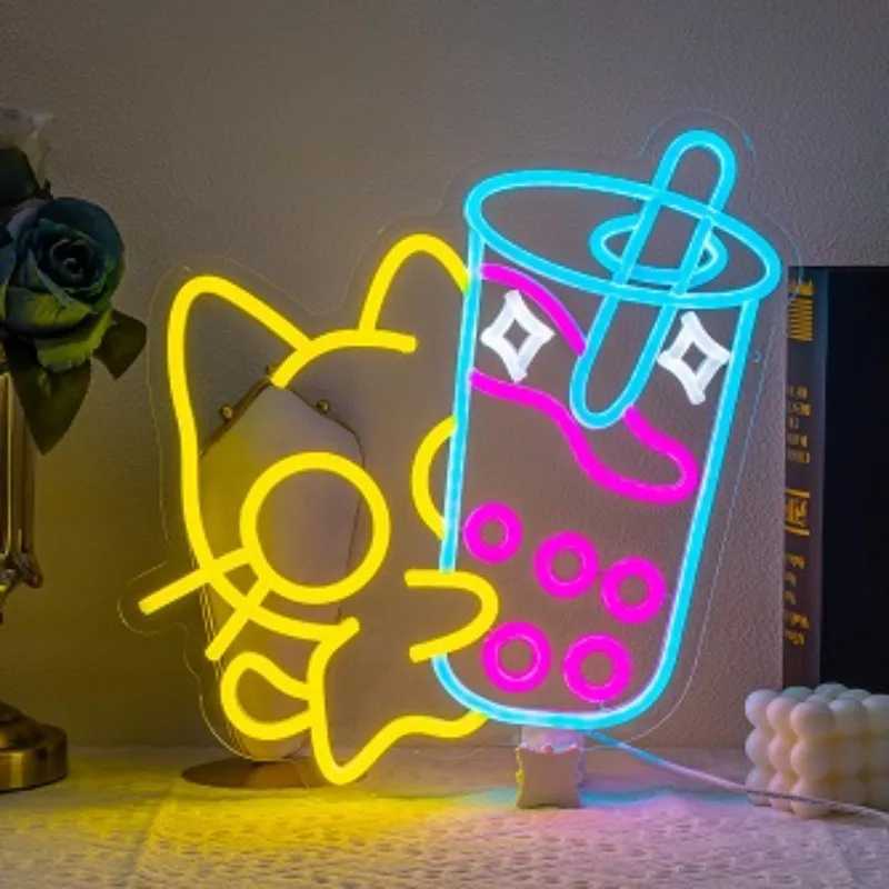 Boba Tea Neon Sign Cat Beer Neon Sign Bubble Tea Shop Sign Led Wall Decor Dimmable Room Decoration Dessert Shop Bar Club USB Y250916