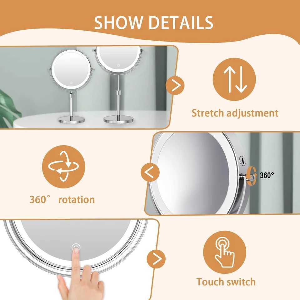 7 Makeup Mirror with Light USB Rechargeable Height Adjustable 1X10X Magnifying 3 Color lighting 360 Rotation Vanity Mirror C250916