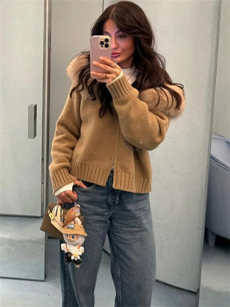 Womens Cardigan Winter Female Sweater Hoodie Cardigan Fluffy Zipper Patchwork Long Sleeve Ribbed Solid Knit jacket Coat 250916