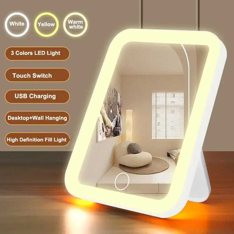 3 Colors LED Vanity Mirror with Touch Screen USB Rechargeable Dimming Makeup Mirror Portable C250916