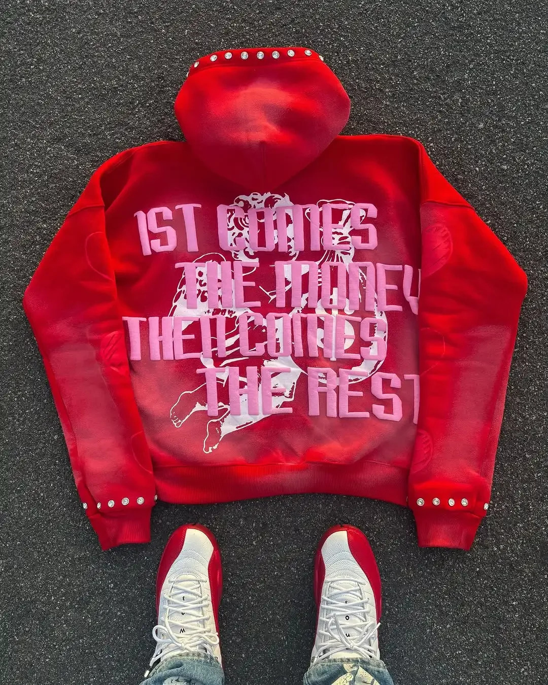 Y2K Red Rivet Element Retro Casual Hoodie Oversized Sportswear Zipper Hoodie Street Hip Hop Top 250916