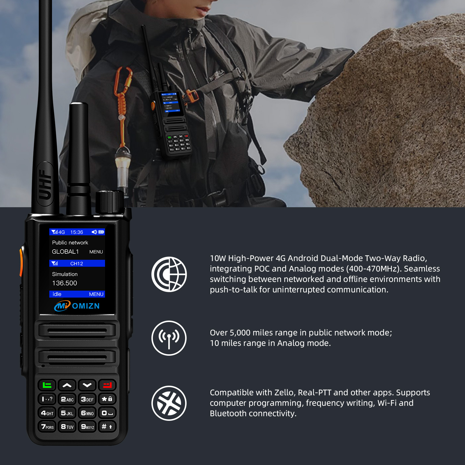 OMIZN X8 4G/GMRS UHF Android Dual Mode Walkie Talkie Unlimited Range Supports GPS Zello WiFi Bluetooth AES256 Encrypt