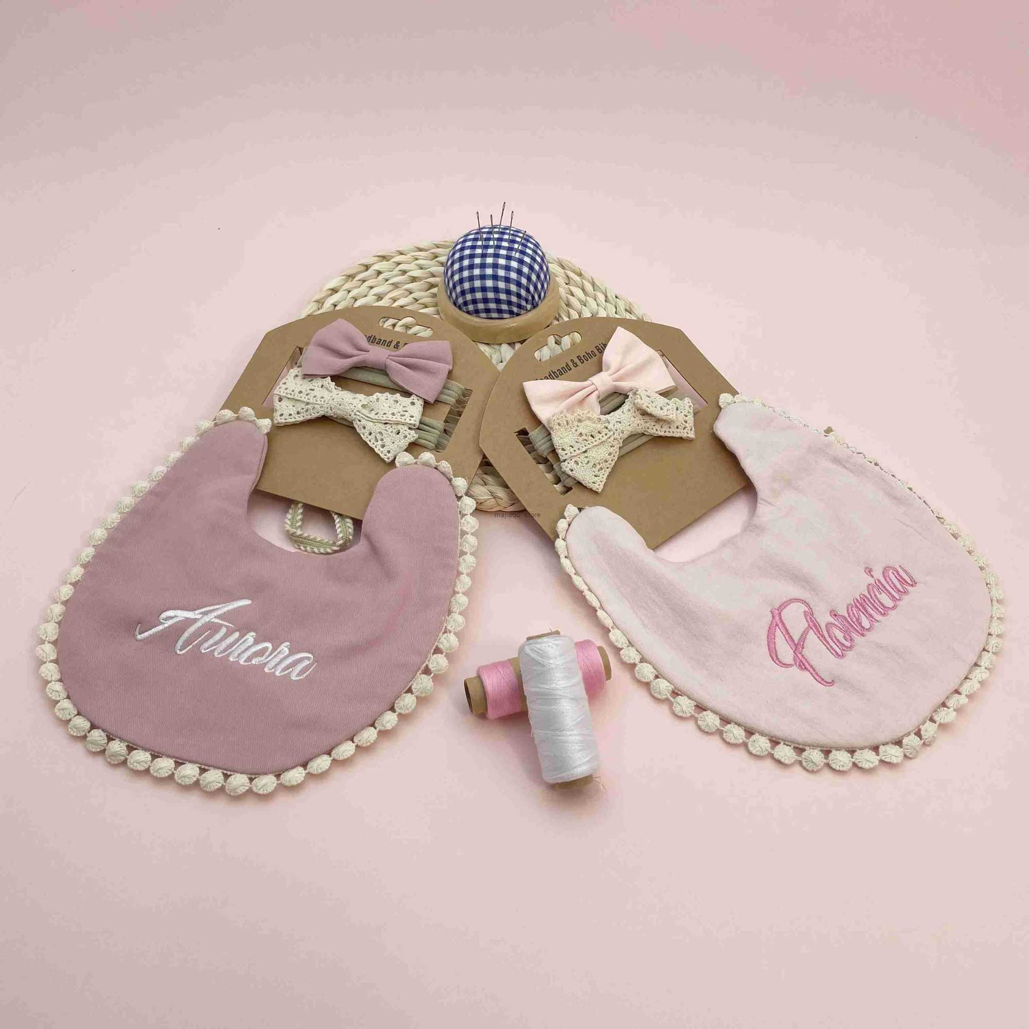 Personalized Bib Set Cotton Bow Headband Infant Feeding Burp Cloth Saliva Towel Custom Baby Name Newborn Shower Gifts Z250916