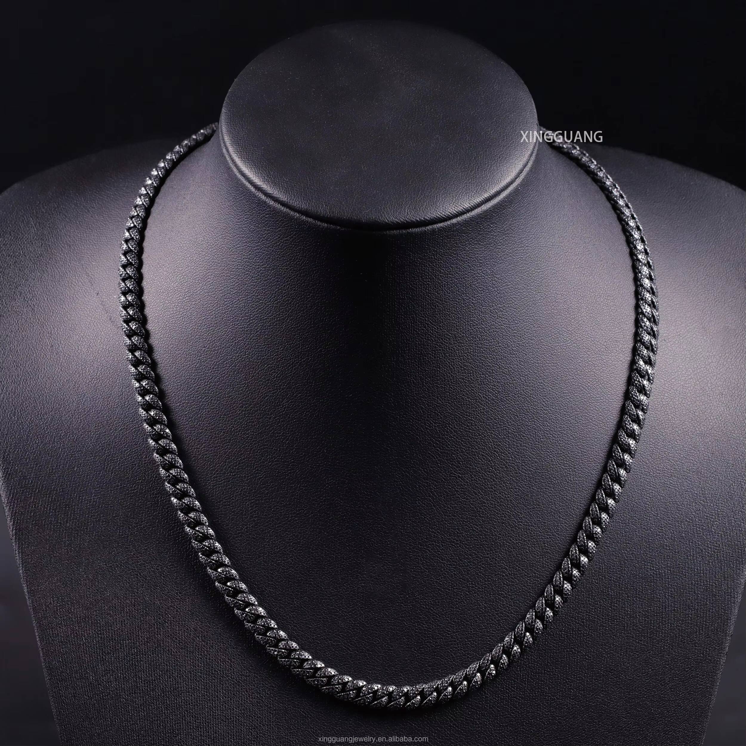 Hot Pass Diamond Tester 6mm Black Diamond Moissanite Black Gold Plated Hip Hop Cuban Link Chain 925 Silver Full Iced Out Chains