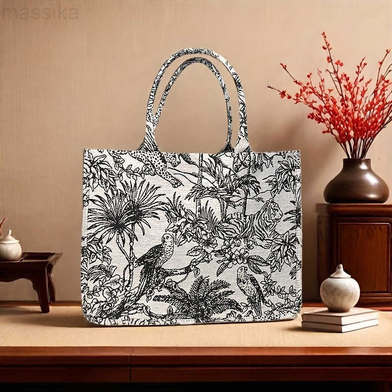 Casual Accessories Large Retro Embroidered Black and White Jungle Animal Print Tote Bag Large Capacity Lightweight Shopping Bag Fixed Shoulder Strap P