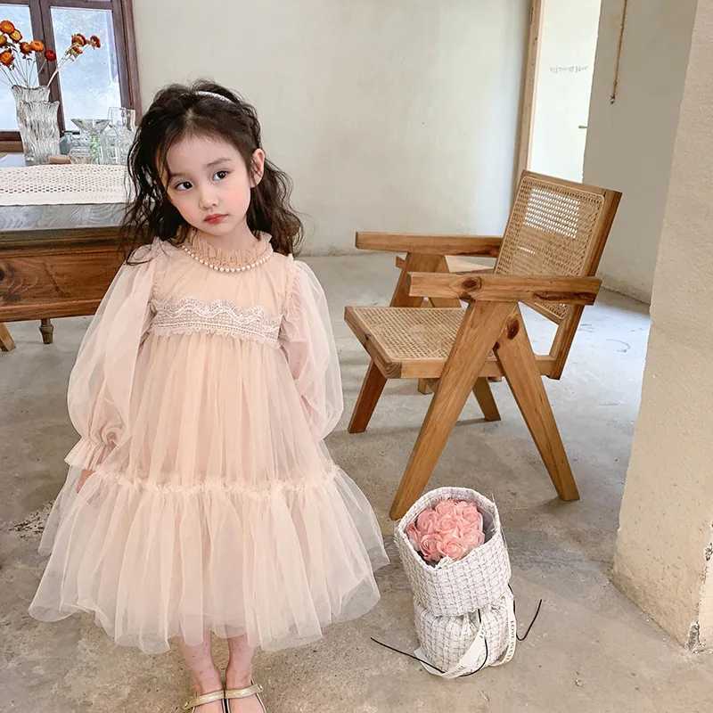 Korean Style Kids Girl Princess Dress Round Collar Party Dresses with Lace Mesh Long Sleeves for Children Clothing E99011 C250916