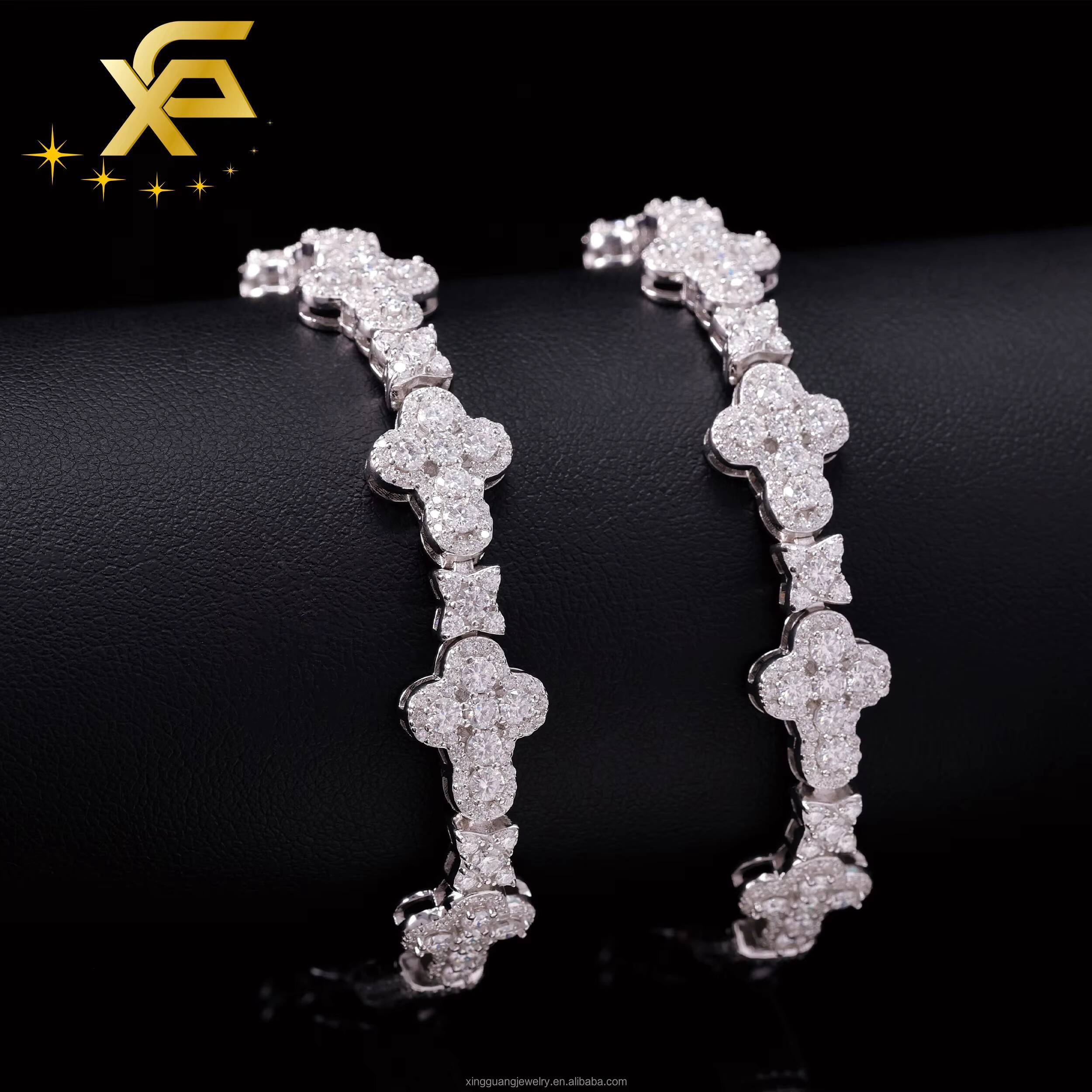 XingGuang Hiphop Jewelry Iced Out VVS Diamond Cross Shape Chain 925 Sterling Silver Moissanite Tennis Chain Womens Bracelet