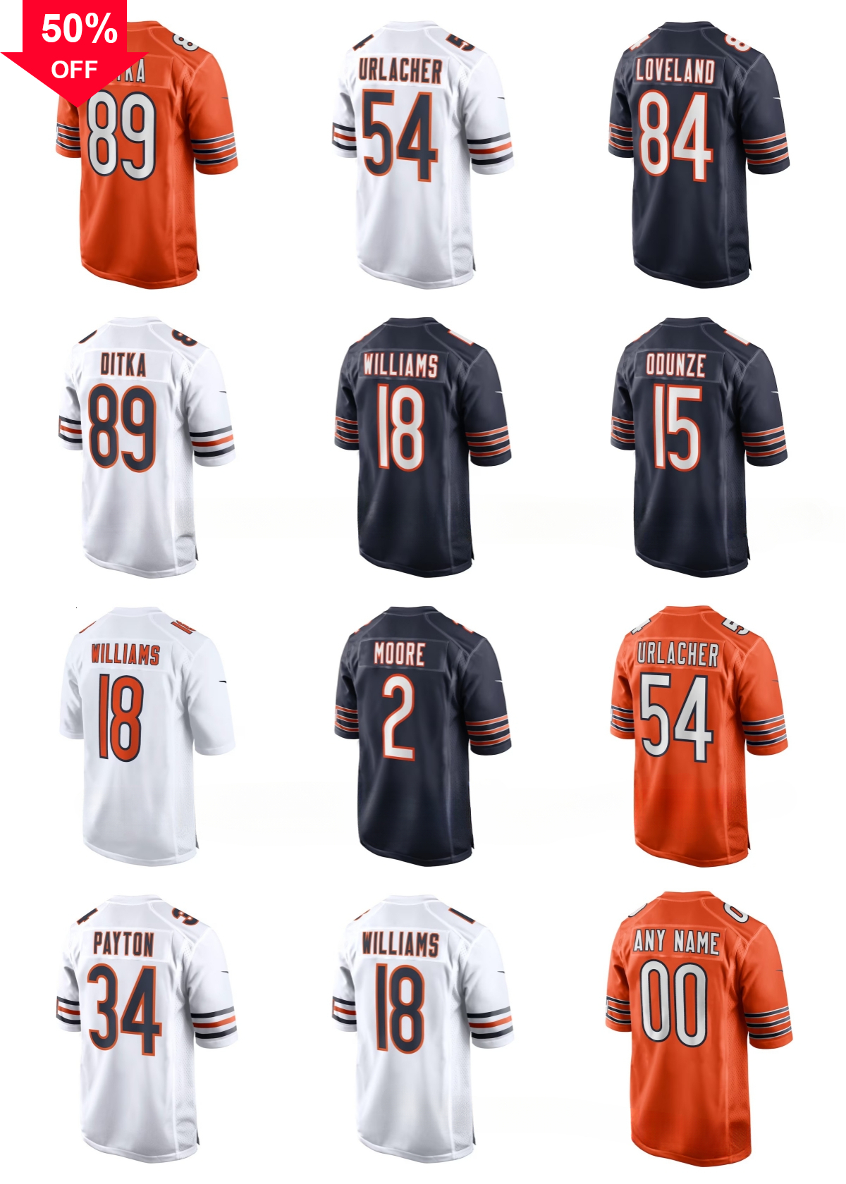 NFL Bears Caleb Williams Colston Loveland Rome Odunze Walter Payton DJ Moore Mike Ditka Brian Urlacher Jaylon Johnson Tyrique Stevenson Custom Football Jersey