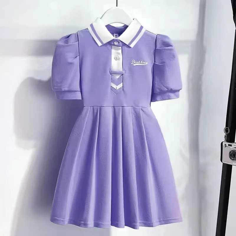 1pcs Summer Childrens Dress Girls Korean Edition Bubble Sleeves Flip Collar Dress Kids Princess Dress Baby Sweet Pleated Skirt C250916