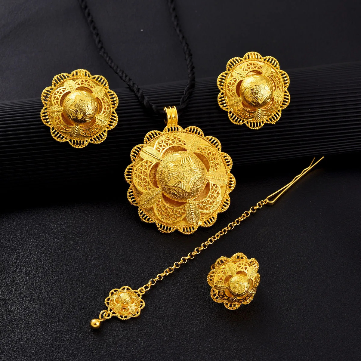 4piece African Arab Jewelry Set Golden Color Star Pattern Pendant Ring Earring Head Chain Ethiopian Bride Wedding Gift 250915