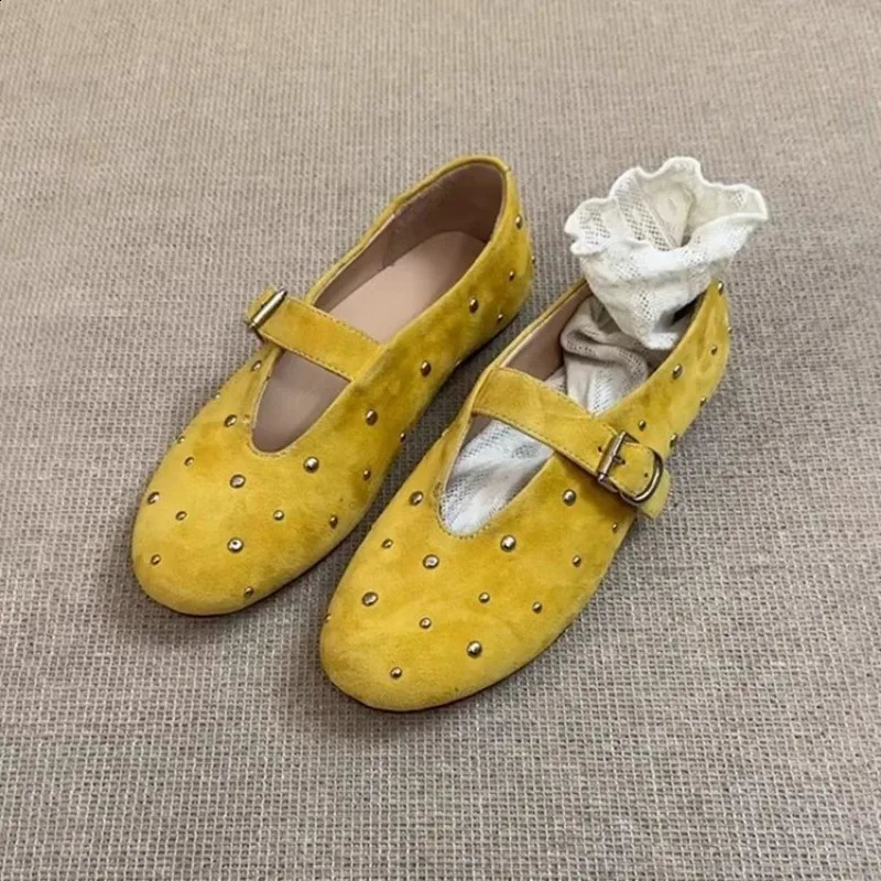 Summer Mary Jane Shoes for Women Fashion Rivet Suede Classic Retro Brown Casual Soft Bottom Comfortable Ladies Flats 250916