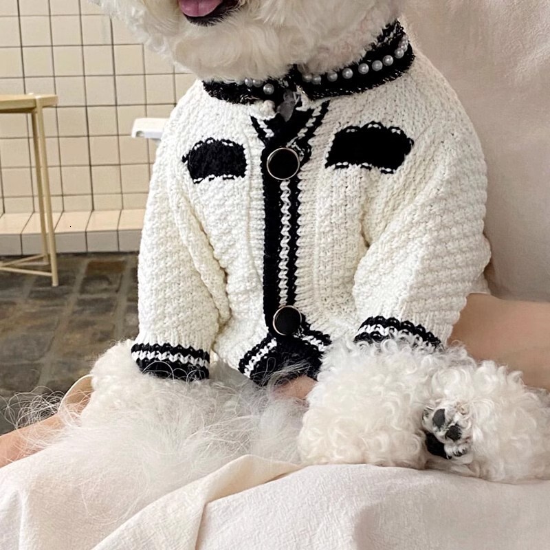 Spring Summer Pearl Collar Little Chanel Style Cardigan Sweater for Small Medium Dogs and Cats Two-Legged Socialite Dog Clothes