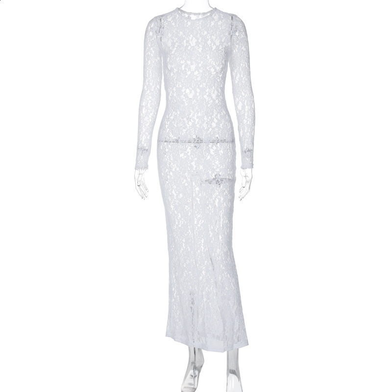 New bestselling womens sexy hollow out lace pattern perspective slim fit long dress 250103