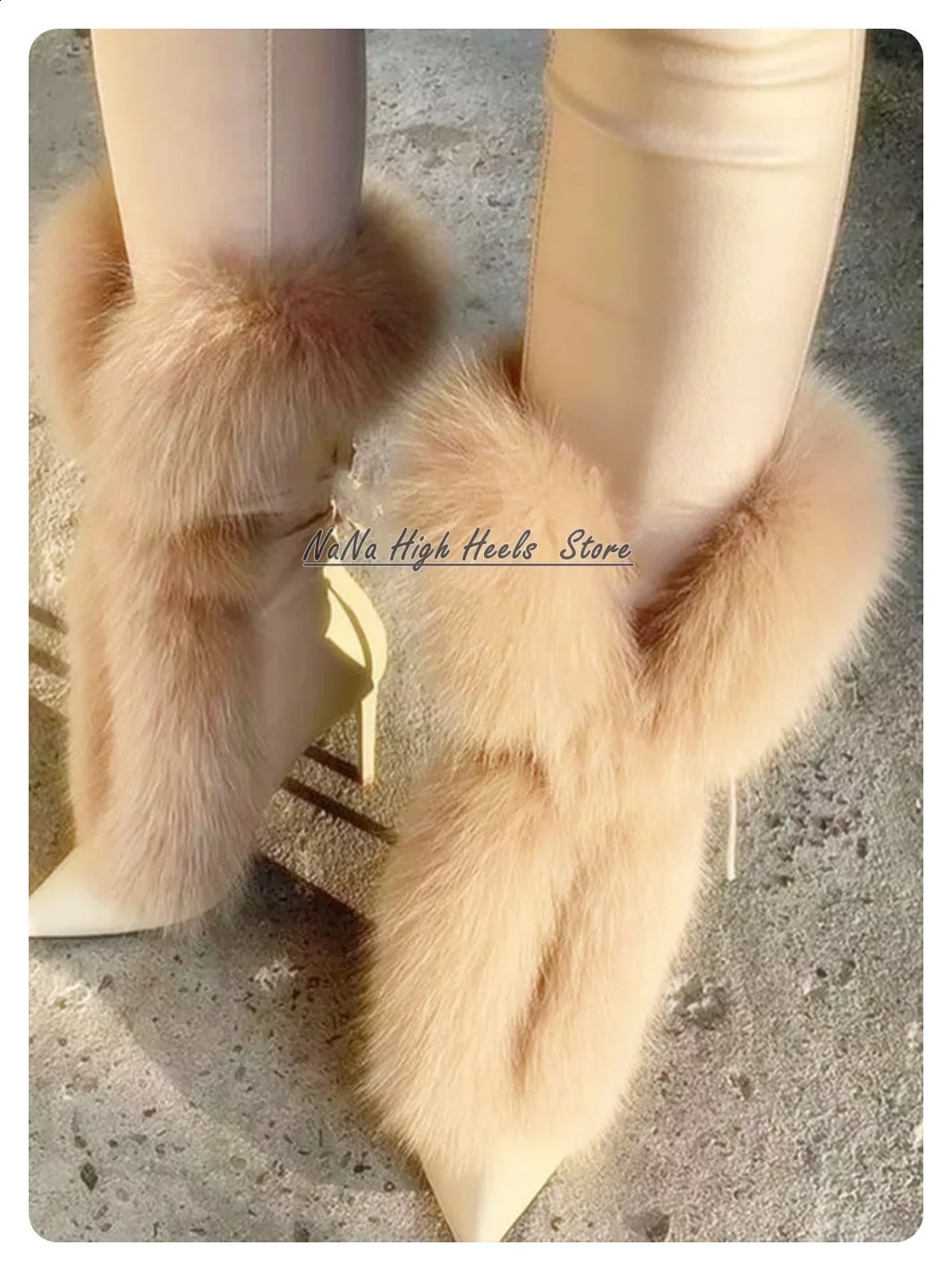 Fashion Classy Furry Street Midcalf Boots Women Fluf Pointy Toe Stiletto Heel Leather Boots Lady Party Shoes zapatillas mujer 250915