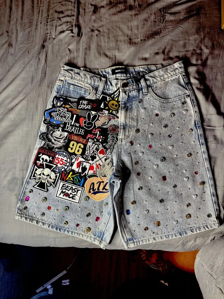 American Patch Embroidery Rhinestone Sequin Denim Shorts Y2K Jeans Men Women Hip Hop Shiny Washed Baggy Short Over The Knee Pant 250916