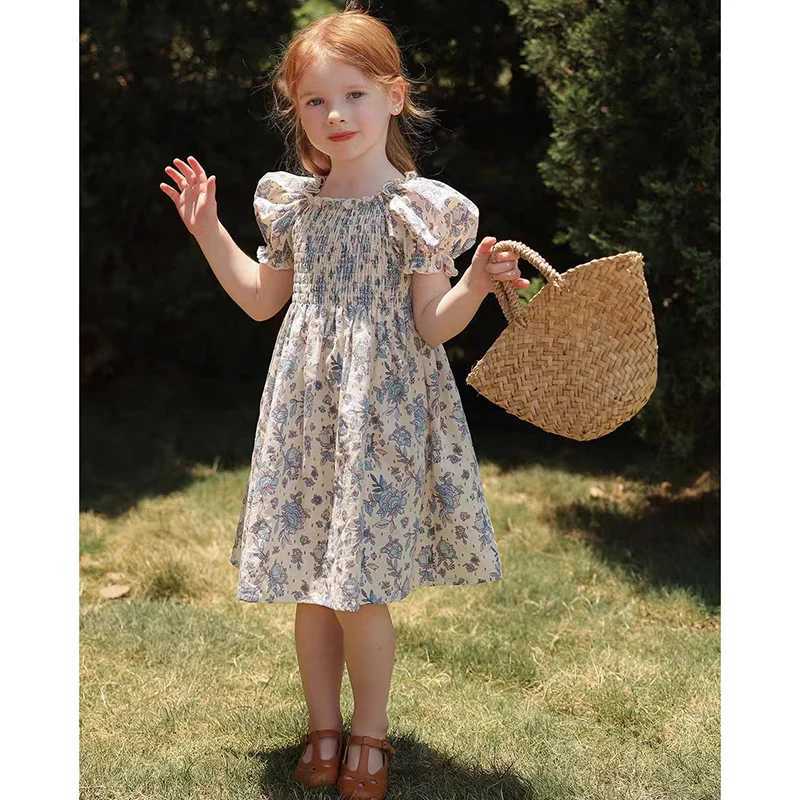 New Summer Clothes Baby Girls Princess Dresses Puff Sleeve Blue Flower Toddlers Vacation Kids Cotton Cute Dress Casual Outfit C250916