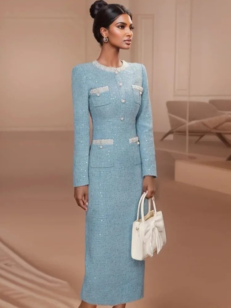 Blue Tweed Dress spring autumn womens dress slim onepiece Ladies Classic bottoming dress 250915