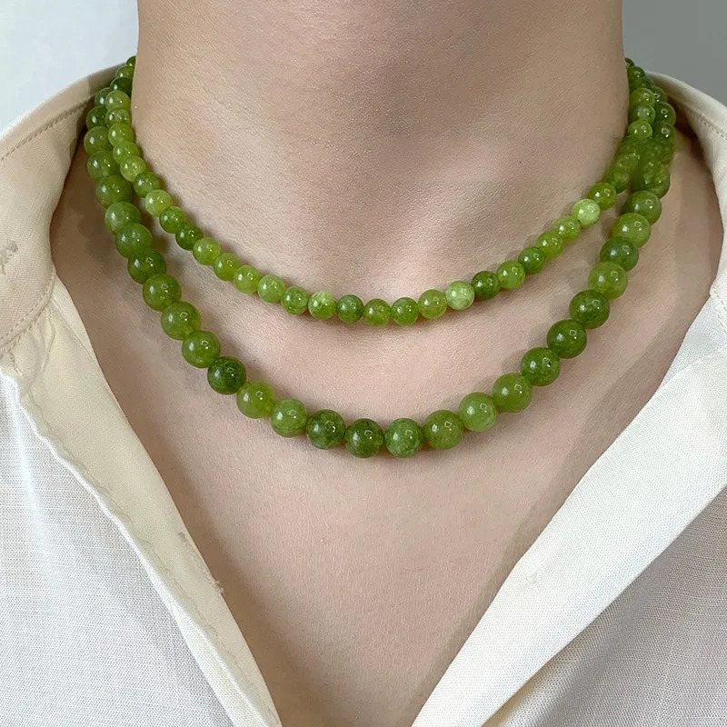 Natural Green Stone Round Beads Necklace French Fashion Jewelry For Girls Womens Sexy Collarbone Chain Accessories 250915