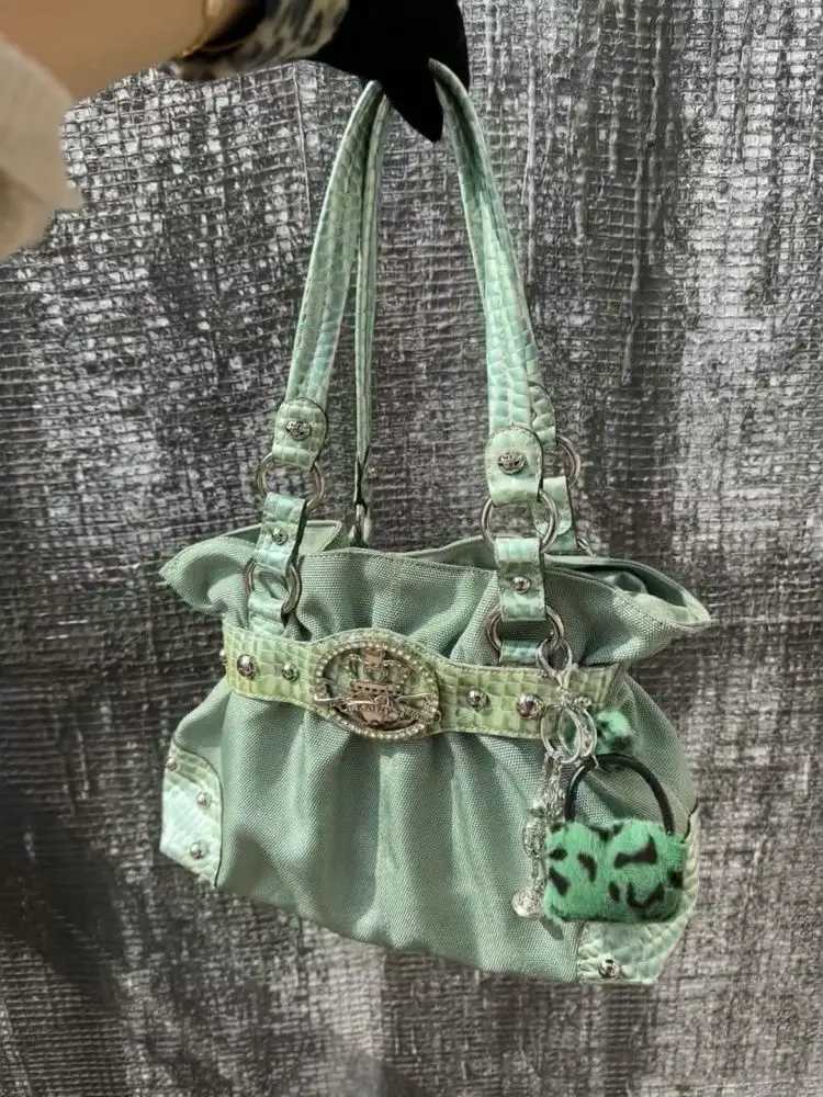 Sweet Cool Green Underarm Bag Y2k Hot Girls Pu Leather Large Capacity Shoulder Tote Bag Women Fairycore Aesthetic Handbag Chic L250916