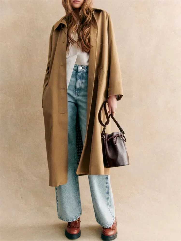 Contrast Color Plaid Women French Long Trench Coat TurnDown Collar Lady SingleBreasted MidLength Windbreaker Jacket Tops F250915