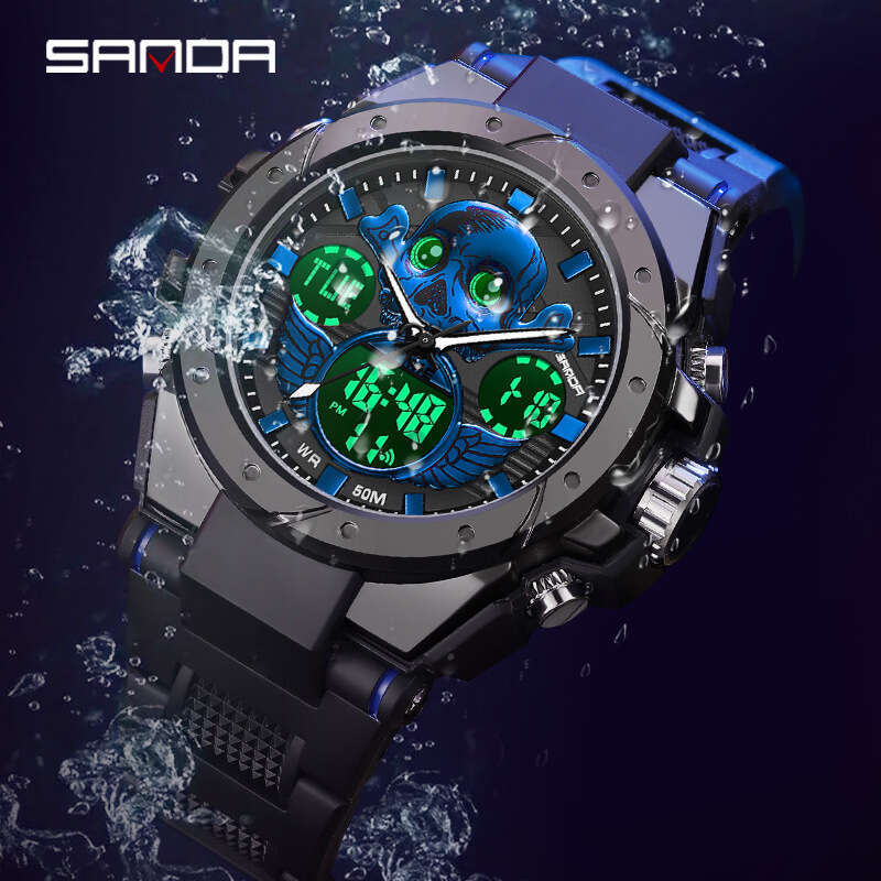 DHgargets Sanda Harajuku Style Skull Waterproof Multi-Function Electronic Outdoor Sports Men's Watch