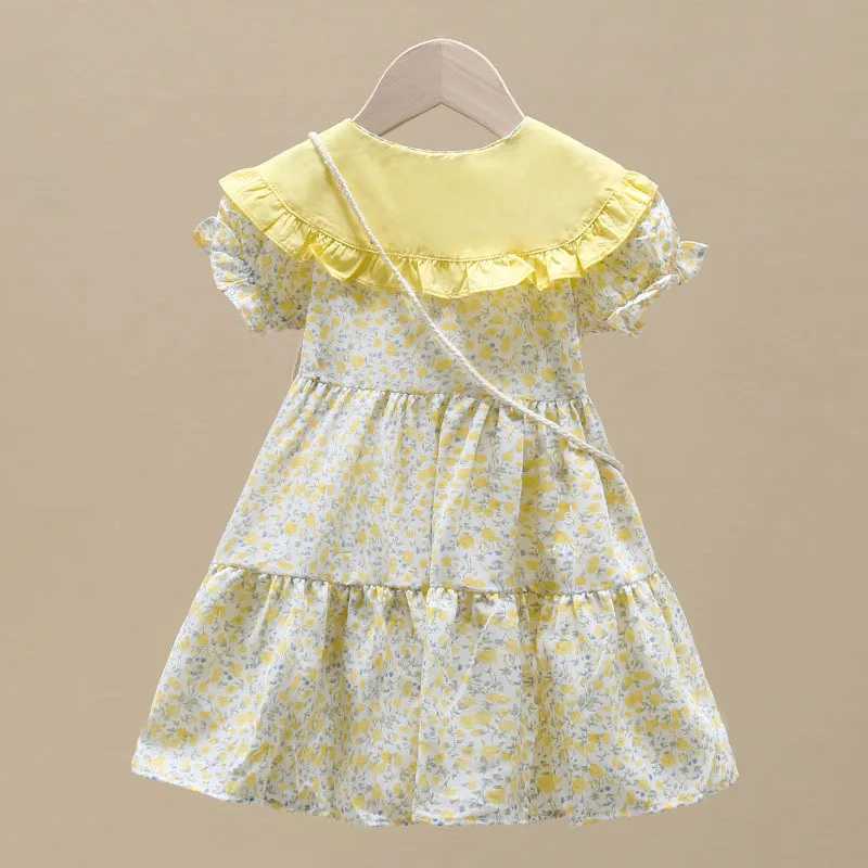 2PCS Summer Yellow Floral Child Little Girls Clothing Casual Midi Dress Bag Children Dresses For Teens Party Princess Sundress C250916