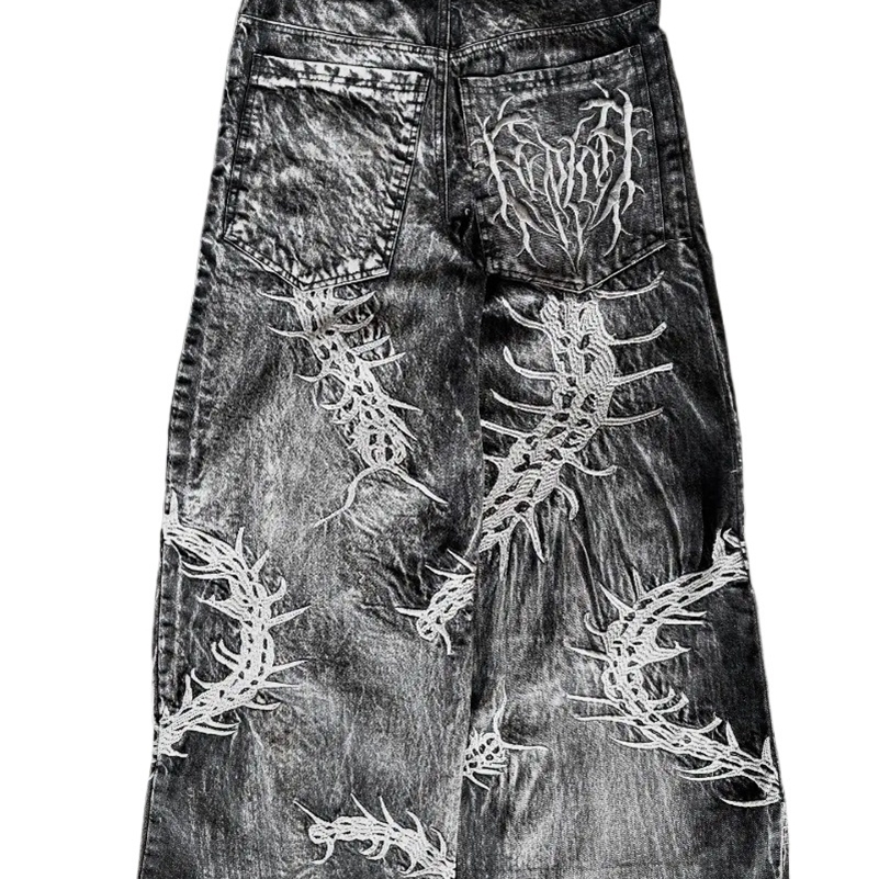 90s Gothic Centipede Embroidery Washed Oversized WideLeg Pants Jeans Men Y2K Harajuku Punk HipHop Rock Couple Street Wear 250915