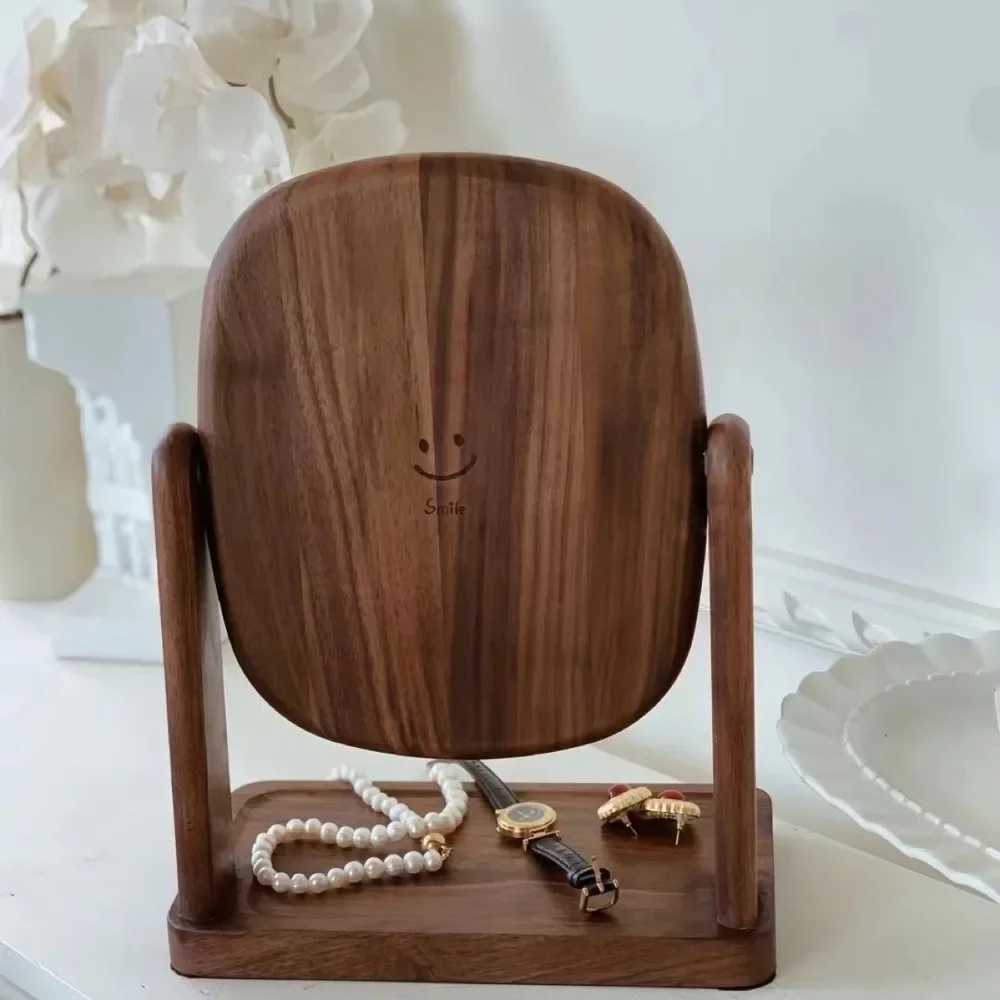 Solid Wood Makeup Mirror Storage Integrated Black Walnut Dressing Mirror Rotating Desktop Makeup Mirror HD Portable Holiday Gift C250916