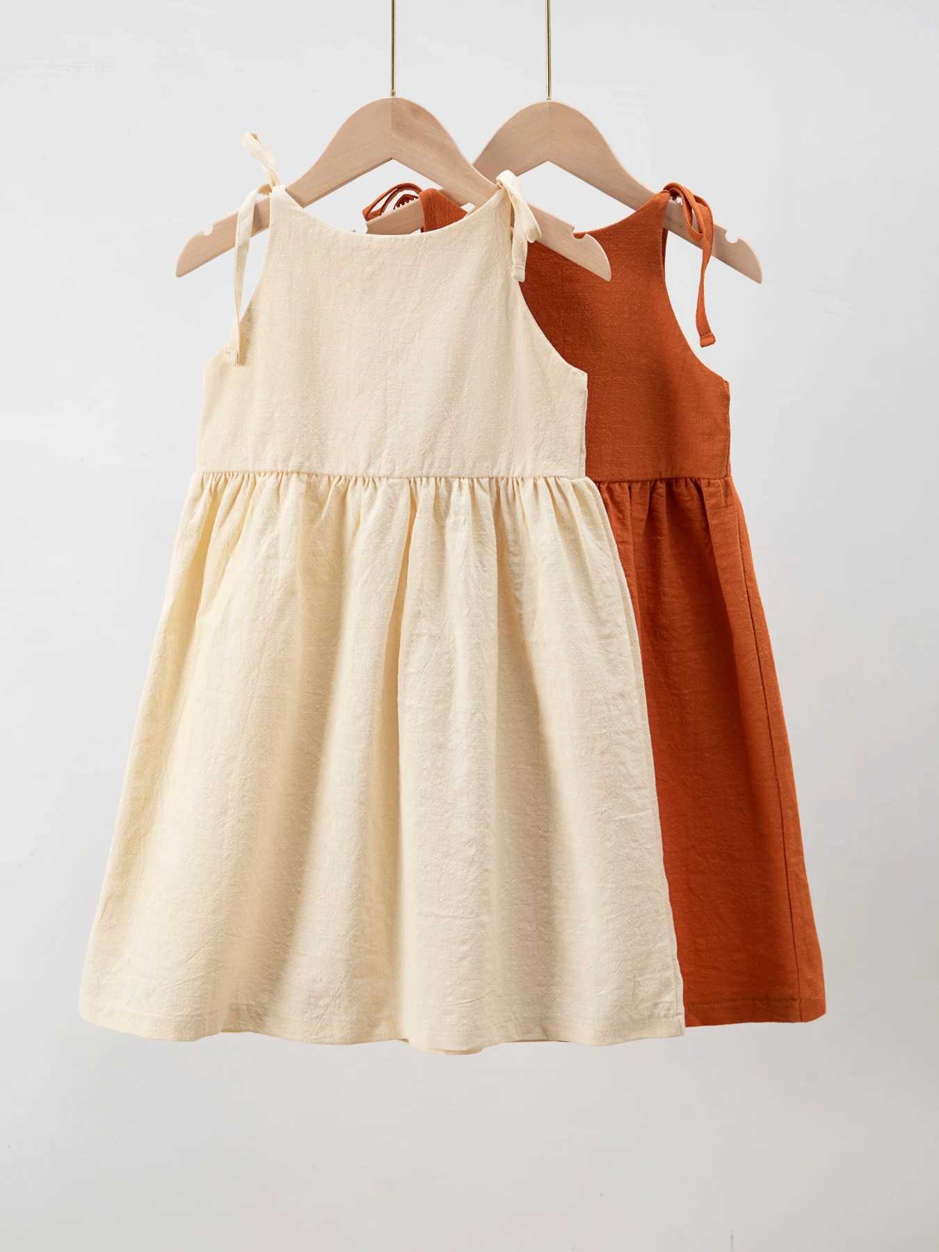 hot sales spring summer fall fashion solid color linen big pocket laceup slip dress baby girl dress designs C250916