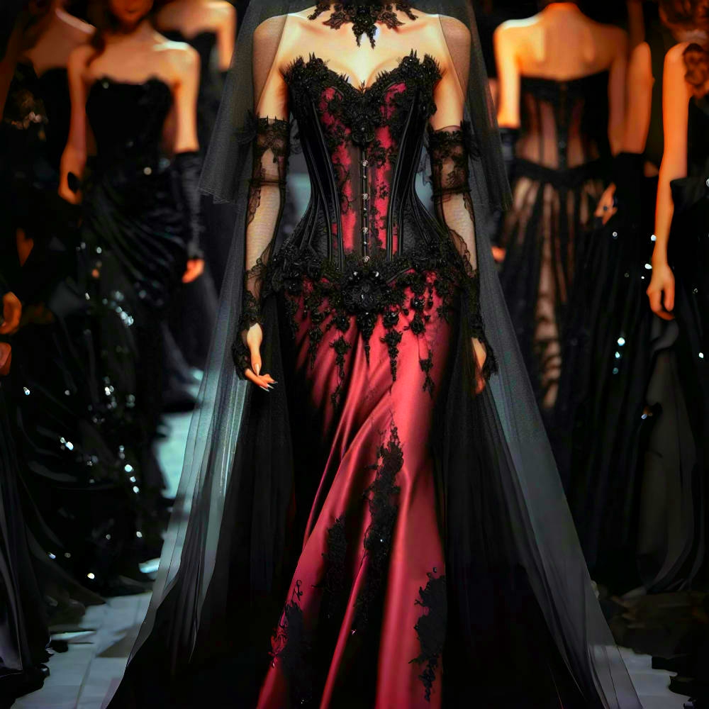 Black And Red Gothic Wedding Dresses Sweetheart Neckline Corset Mermaid Satin Bridal Gown With Lace Appliques Detachable Train Vintage Bride Dress