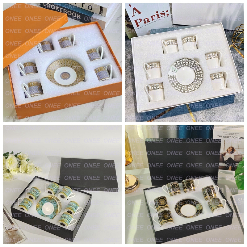 Italian Espresso Cup Designer Collection 6-Piece Bone China Cup and Saucer Set Ceramic Mugs Creative Gift Original Boxed Set with Handles Suitable for Tea Milk