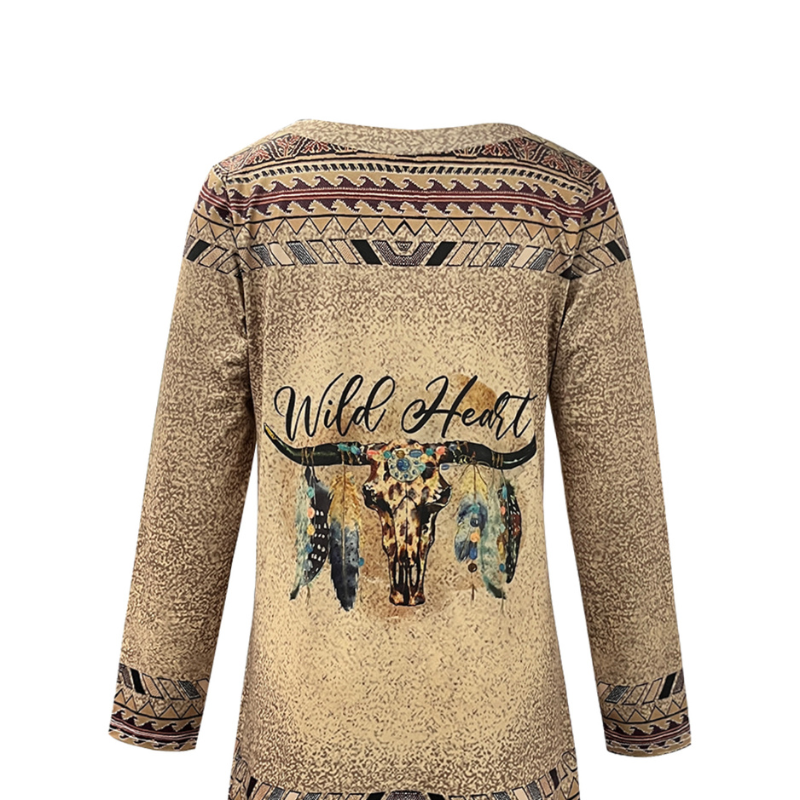Women's Long Sleeve Ethnic Western Style Top Autumn Winter New Wild Heart Bull Skull Printed Tunic Sweatshirt CF43181
