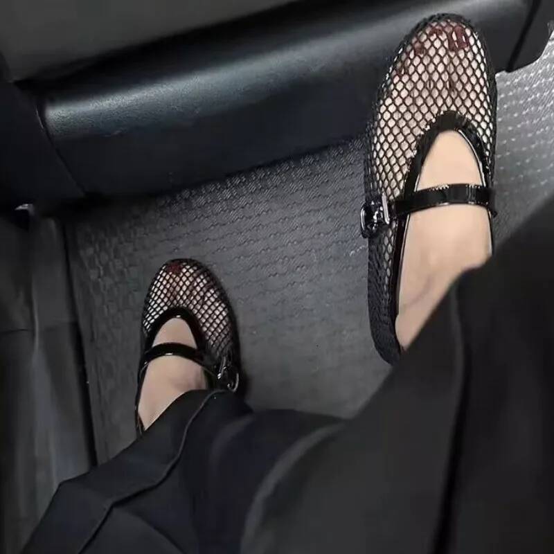 Black Ballet Female Summer New Flat Hollow Mesh Breathable Single Shoe Fishnet Shoes Sandals ddmythur