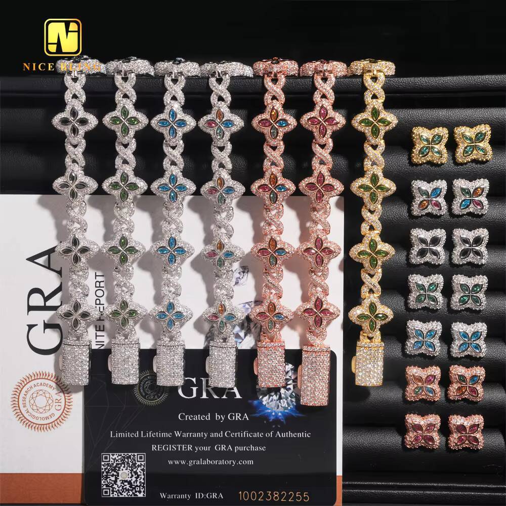 Hot Sale 15mm Hip Hop Jewelry Pear Cut VVS Moissanite 925 Silver Iced Out Bracelet Earrings Set Mix Color Diamond Cuban Chain