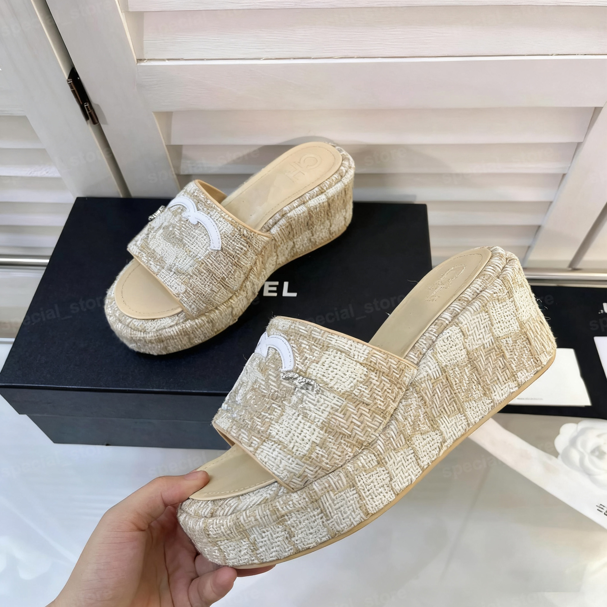 Designer Sandals slippers Wedges Sandals Ladies Platform Heels Wedge Sandles for Women Designer Slides Sandal Tweed Chunky Heels wedge Slippers Slip on Sandel