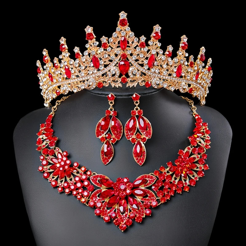 Crystal Bridal Tiaras Crown Women Queen Princess Purple Pink Red Blue Green Necklace Sets Fashion Jewelry Set Diadems 250915