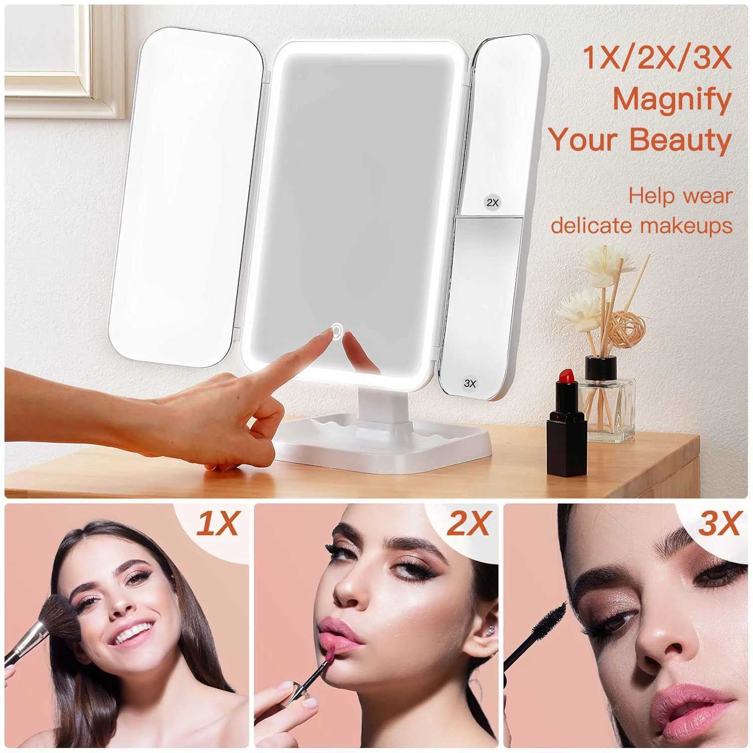 Trifold Makeup Mirror LED Lights Dorm Dressing Mirror Beauty Light up your fill light with Smart Complementary Makeup Mirror Tri C250916