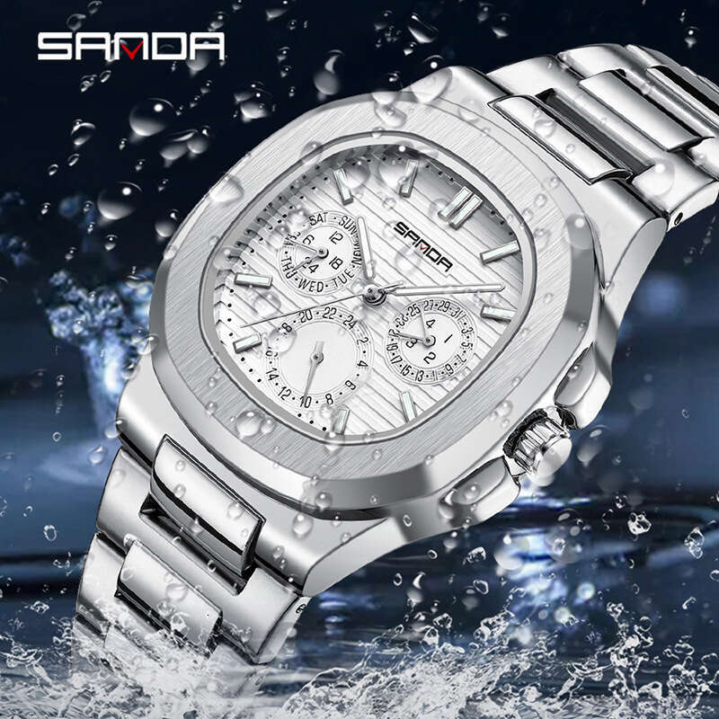 DHgargets Sanda Quartz Three Eyes Six Hands Simple Strips Scale Fashion Steel Band Waterproof Men's Watch