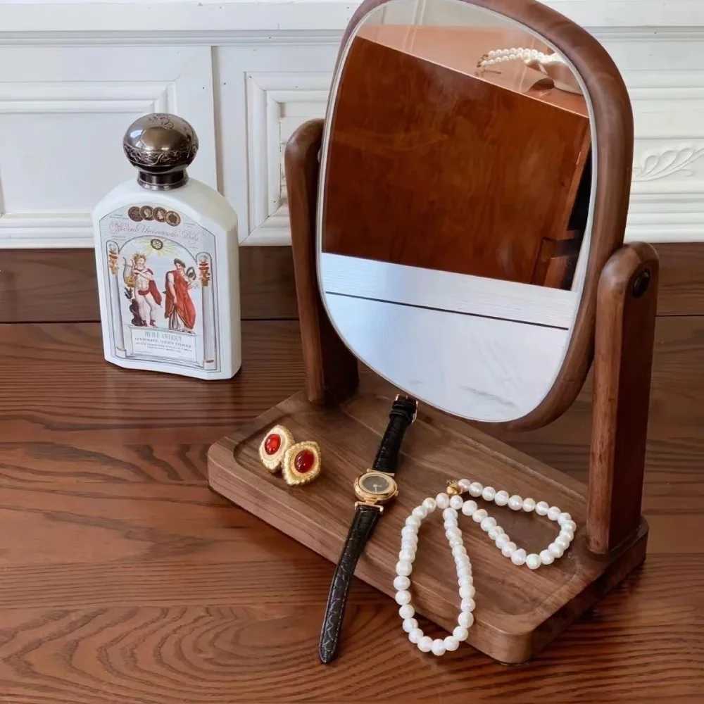Solid Wood Makeup Mirror Storage Integrated Black Walnut Dressing Mirror Rotating Desktop Makeup Mirror HD Portable Holiday Gift C250916