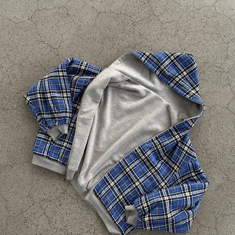Y2k Men Clothing Harajuku Thickened Double Layer Front and Back Sweatshirt Hoodie Checkered Pattern Hip Hop Streetwear Hoodies 250915