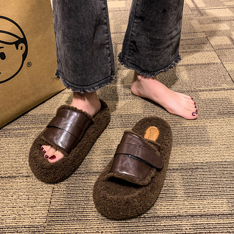 Flats Platform Cotton Slippers Women Fur Mules Shoes Winter Plush Warm Slides 2025 Trend Casual Snow Boots Soft Leather Cozy 250106