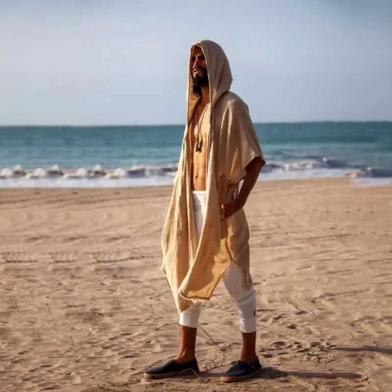 Mens Summer Midlength Cardigans Loose Casual Sun Protection Clothes Beach Holiday Style Loose Shawl Coat Male Long Hooded Cape W250916