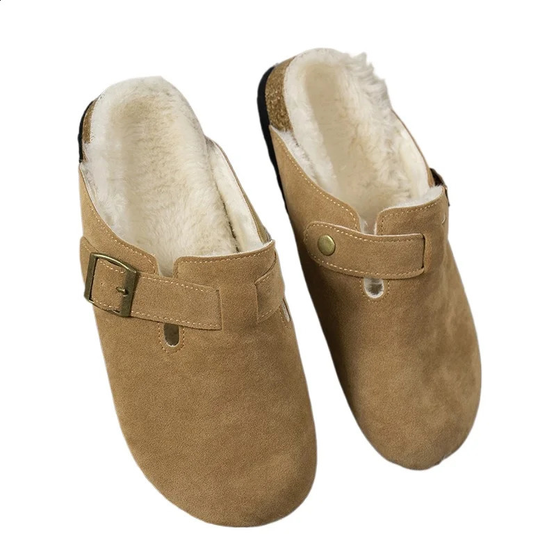 Comwarm Lined Clogs For Women Men Fuzzy Slippers Fur Mules Short Plush House Cork Shoes Winter Zuecos Mujer 250915